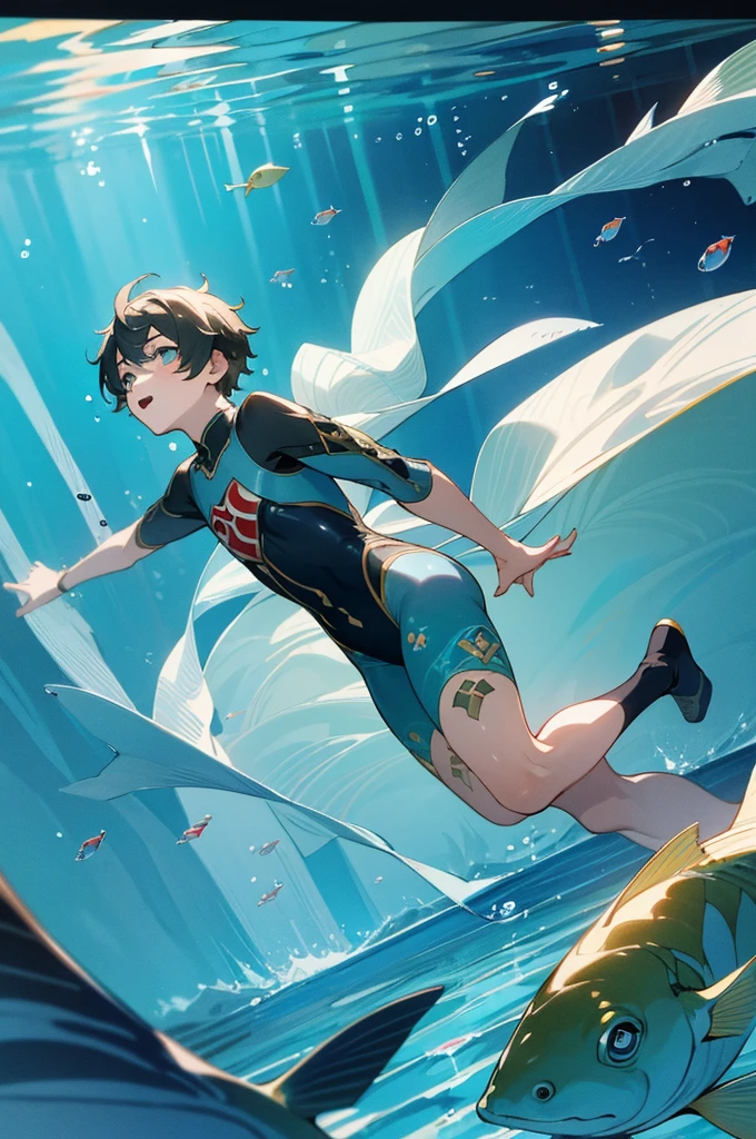 highres, masterpiece, best quality,8k, perfect face, expressive eyes, 1boy, underwater, happy, swimming underwater, creative, underwater view, fish, genshin impact official art, official art, full body, looking away from viewer, trending on pixiv, swimming, floating