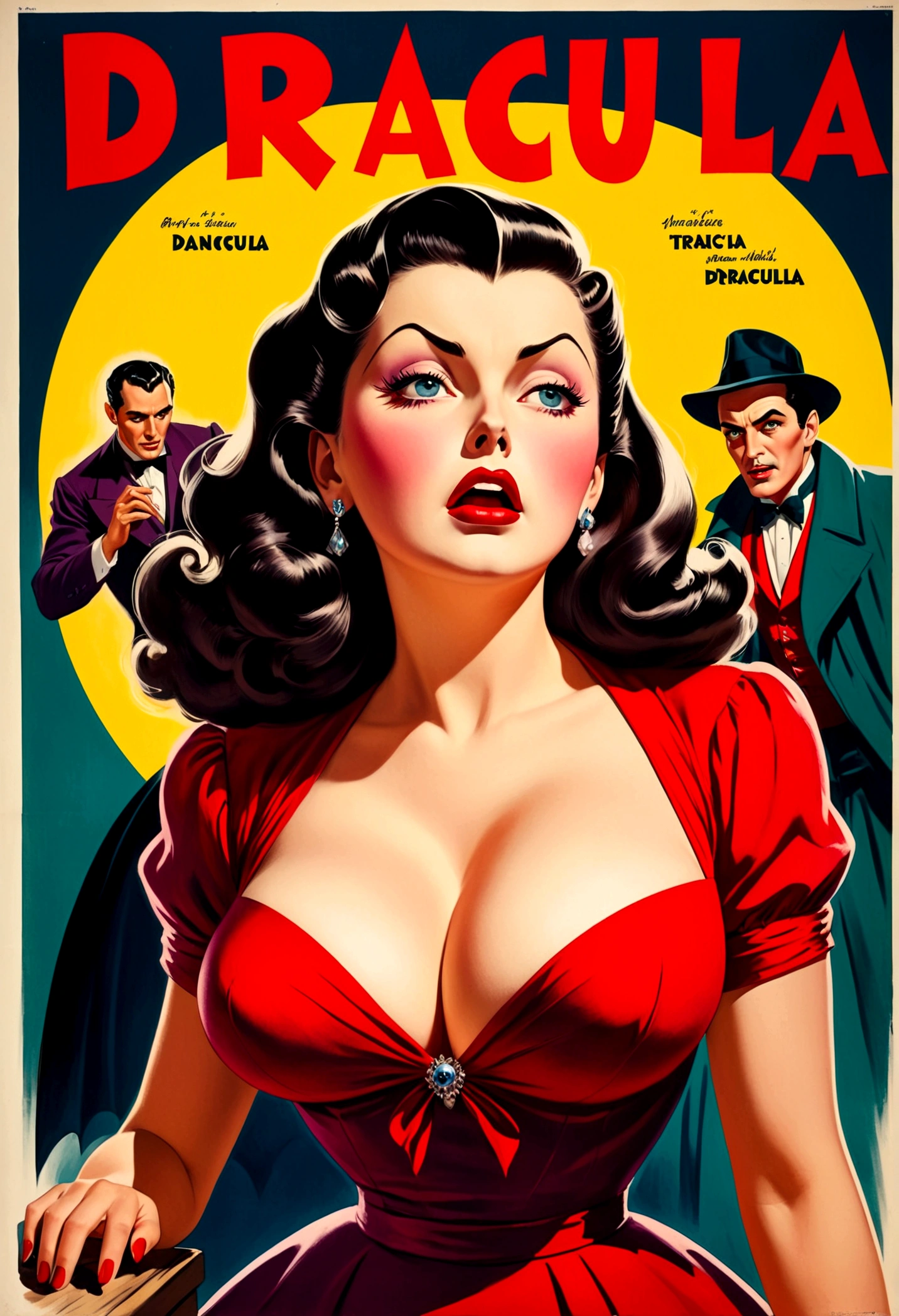 40s style movie poster: busty beauty in colorful retro outfit, plunging neckline, recoils in fear when approached, Dracula, dramatic shadows, too dramatic, lots of detail
