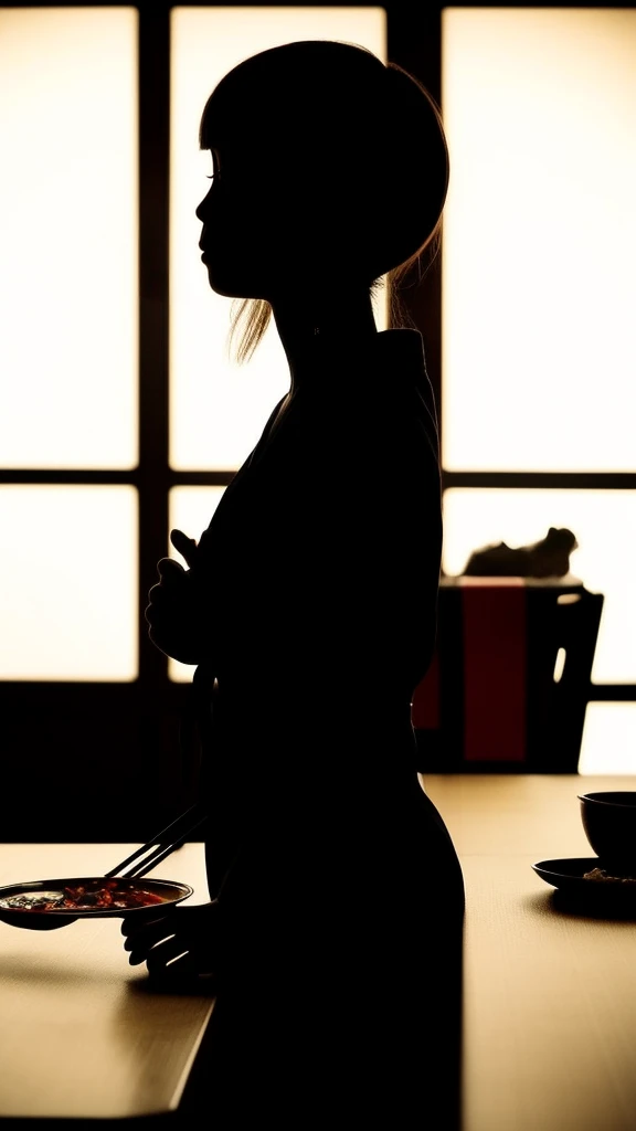 scene：Inside the bathhouse restaurant。A dimly lit room surrounded by gorgeous Japanese-style décor。Warm lighting illuminates the dining table。

No-Face：Like a black shadow、White expressionless face。The movement is slow、Has a slightly creepy vibe。Quietly hold out your chopsticks。

Chihiro：Although I feel nervous、Attitude to behave politely。A slightly anxious look。Though hesitating for a moment,、Carefully pick up your chopsticks。My eyes widened a little.、Lips pursed with tension。

Audio：The commotion of the bathhouse can be heard in the distance.。While maintaining serenity、The sound of chopsticks moving and clothes rustling adds to the realism。

Dialogue：There are almost no words、No-Faceの行動自体がメッセージを伝える。