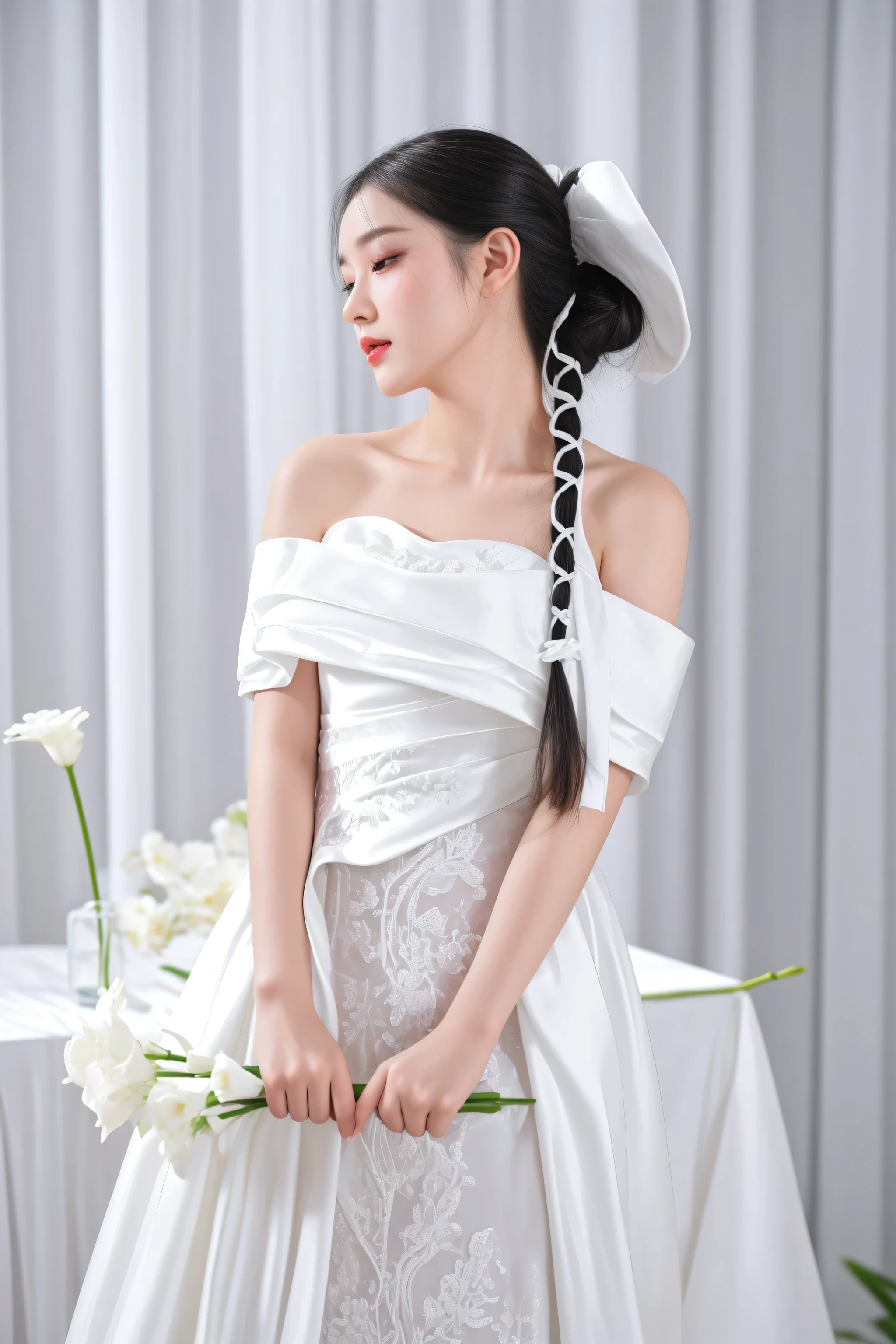 there is a woman in a white dress holding a flower, ao dai, white hanfu, wearing a wedding dress, in style of lam manh, traditional chinese, cheongsam, white gown, a beautiful woman in white, chinese woman, wearing long gown, inspired by Dai Xi, chinese girl, jia, wearing white silk, portrait shot