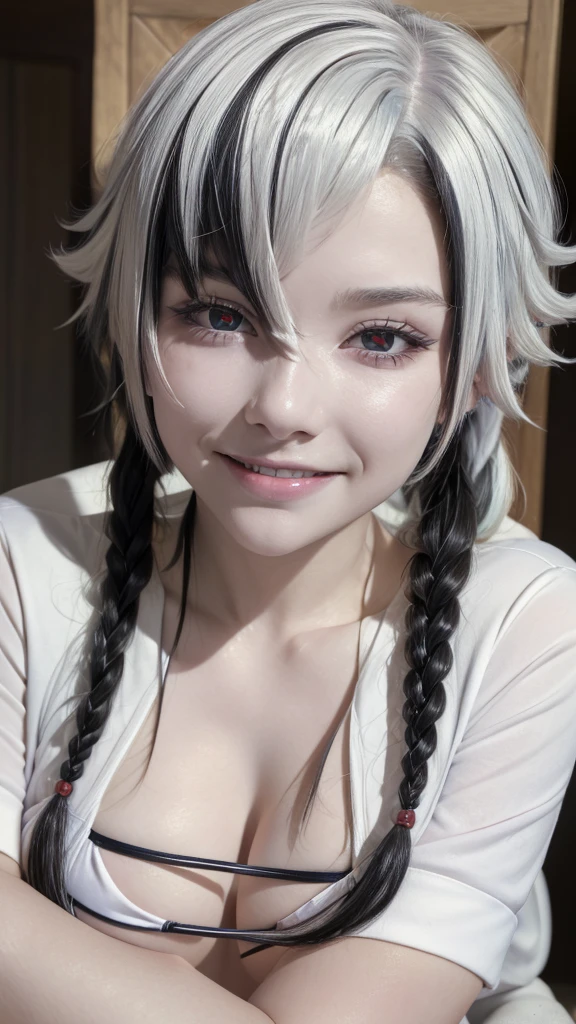 (close up:1.4), (RAW Shooting:1.2), (Reality:1.4), (masterpiece:1.3), (Highest quality:1.4), (bikini:1.3), White knee socks, swimsuit, flat chest, White hair, Black Hair, Colorful Hair, short hair, Straight Hair, White hair long braid, Glowing red eyes, Red X pupil, (focus, full-body shot, Smile)