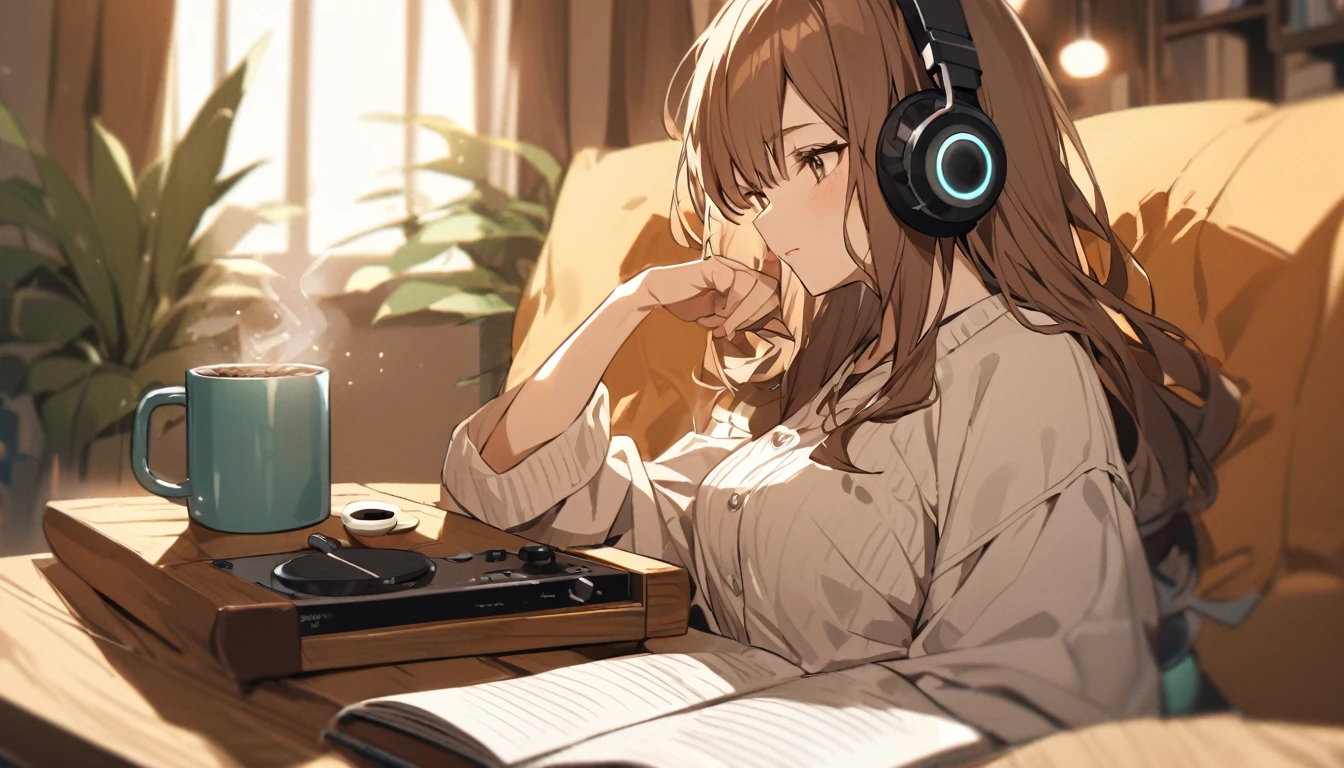 Girl wearing headphones,Drinking coffee from a mug while listening to jazz music,Brown Hair,relax