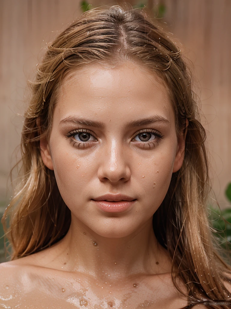 stunning front portrait photo of blond woman head, looking directly to the camera, dark brown eyes, face covered by water, capturing the intricate details, ultra realistic, significant colors salmon pink beige coral red, brightly lit, light background, rain, wet face, tropical dense forest--ar 3:4 --stylize 350 --v 6