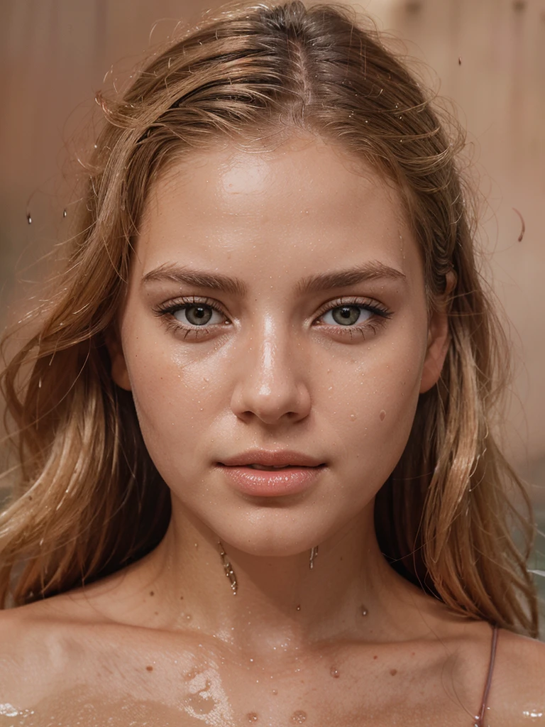 stunning front portrait photo of blond woman head, looking directly to the camera, dark brown eyes, face covered by water, capturing the intricate details, ultra realistic, significant colors salmon pink beige coral red, brightly lit, light background, rain, wet face, tropical dense forest--ar 3:4 --stylize 350 --v 6