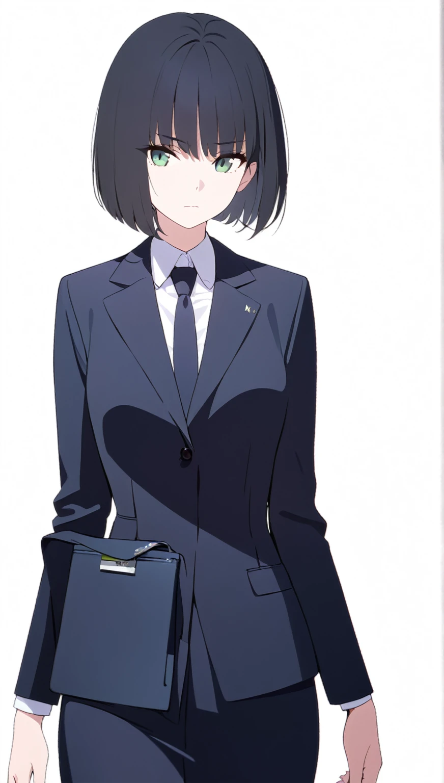 (masterpiece, high quality, best quality, highres,) One Woman, young, black hair, bob cut, Green Eyes, Athletic build, expressionless, closed mouth, office staff suit, Simple white background, standing, cowboy shot, (from the front)