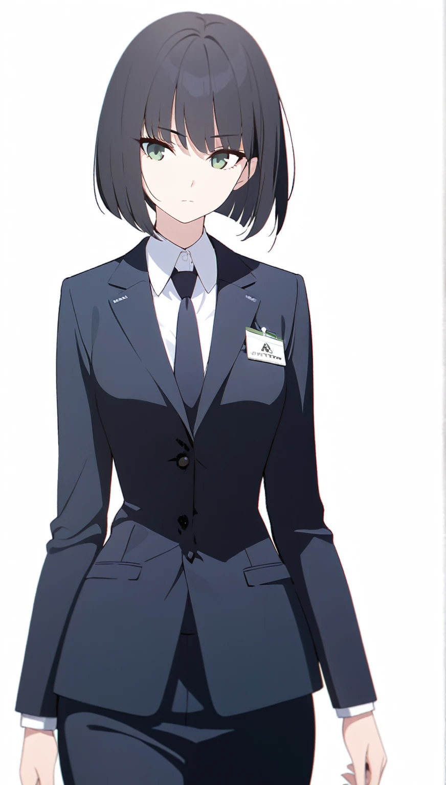 (masterpiece, high quality, best quality, highres,) One Woman, young, black hair, bob cut, Green Eyes, Athletic build, expressionless, closed mouth, office staff suit, Simple white background, standing, cowboy shot, (from the front)