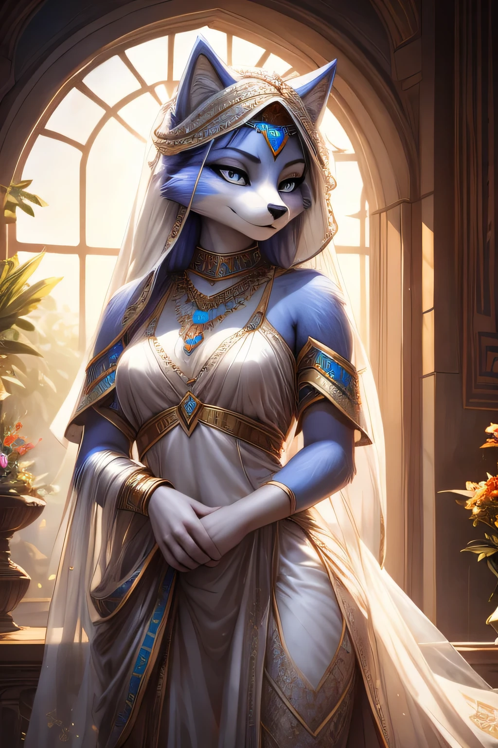 a veil on her head, Grey Veil, White hair, Off-white, Gouvesian art style, Arrogant and indifferent girl, Half squinted, White eyes球, White eyes, Ethnic style, Off-white花, krystal, Star Fox, Young girls, (detailed), Viewer view, hairy, Solitary, 1​, high resolution((Clear structural details)), Detailed and realistic, beautiful, Soft, 4K, excellent quality, highly detailed, (powerful), Fine fur, Vertical Lace Ladies，Slobber，flirt