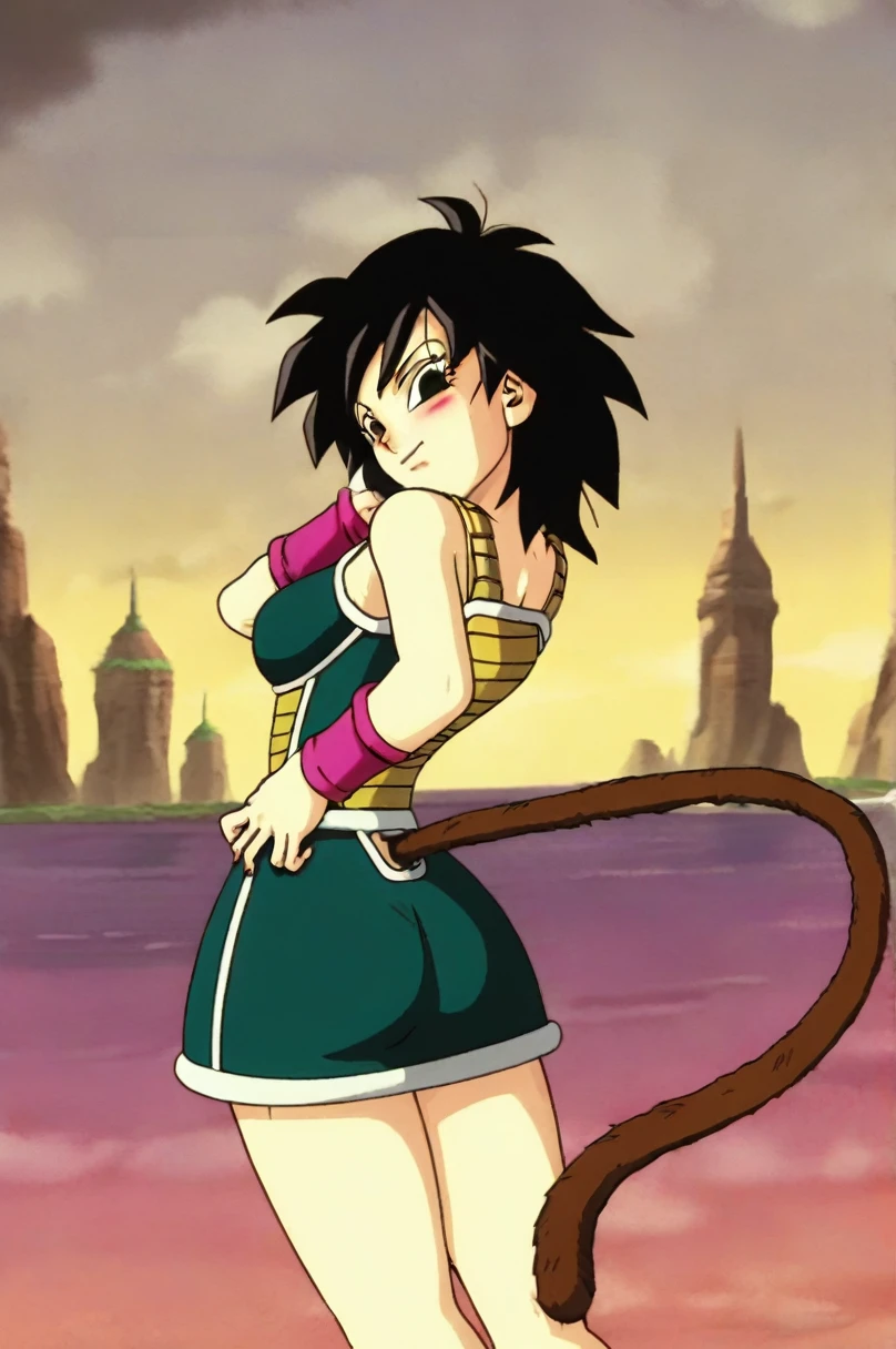 source_anime, score_9,score_8_up, score_7_up, ginedb, anime screencap,
Obra maestra, mejor calidad, alta calidad,1girl, solo, looking at viewer, blush, cityscape, black hair, brown eyes, looking back, from behind, black eyes, hand on hip, frown, pink wristband, green skirt, monkey tail, saiyan armor, hand on shoulder, medium hair, green saiyan armor, eyelashes, eyebrows, butt crack, bare shoulders, spiked hair, fingernails, Cuerpo sexy, culo desnudo apretado