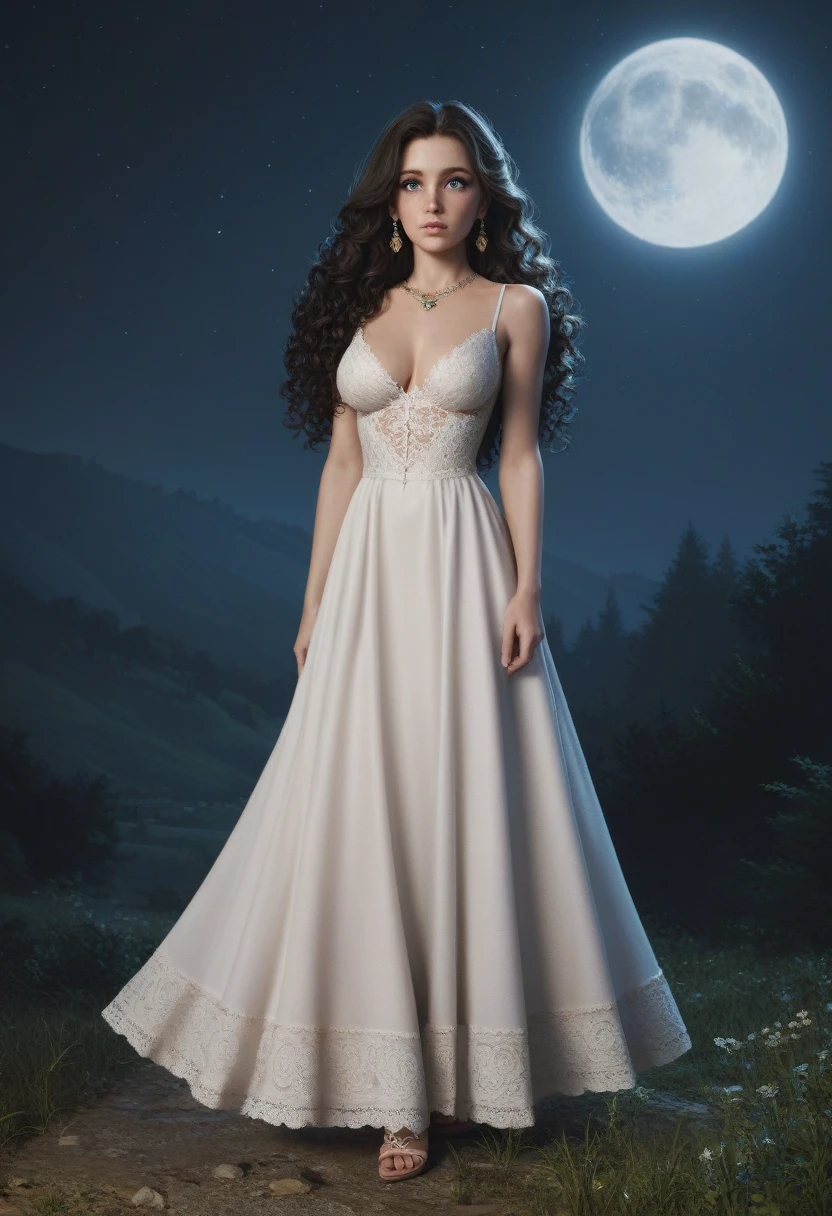 score_9, score_8_up, score_7_up, score_6_up, rating: safe, 1girl, solo, (black_hair:1.5), wavy_hair, jewelry, dress, blue_eyes, earrings, (long_hair:1.5), looking_at_viewer, curly_hair, full_body, lips, lace, white_dress, gold_dress, (night:1.3), cxqz8r, medieval_dress, medieval_landscape, fullmoon, rpg, (rape_face:1.3), narrow_waist, (skinny:1.3), (pale_skin:1.4), (penis_awe:1.5), (large_breasts:1.2)