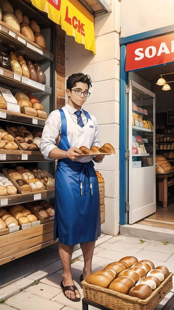 In front of the shop, bread, glasses of milk, various snacks on the table.