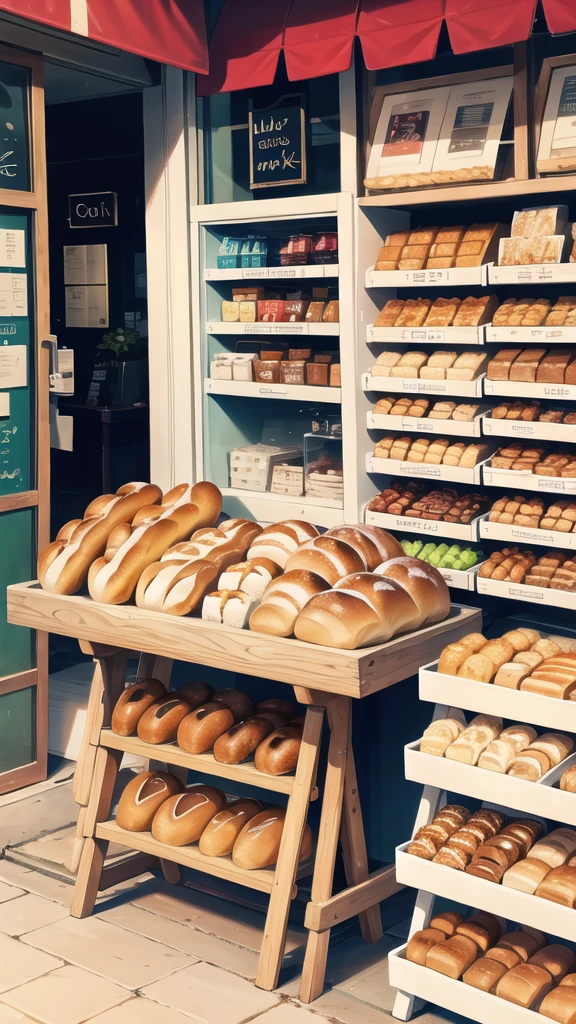 In front of the shop, bread, glasses of milk, various snacks on the table. 