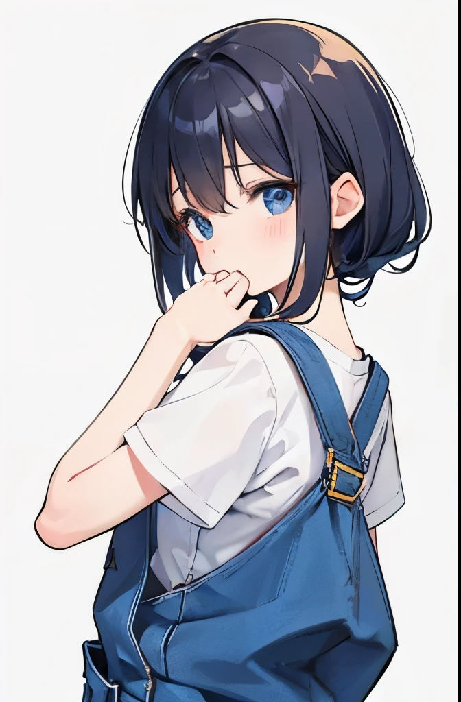 Draw an illustration of a girl wearing overalls. She is looking back over her shoulder with a very surprised expression on her face. Her hand is covering her mouth