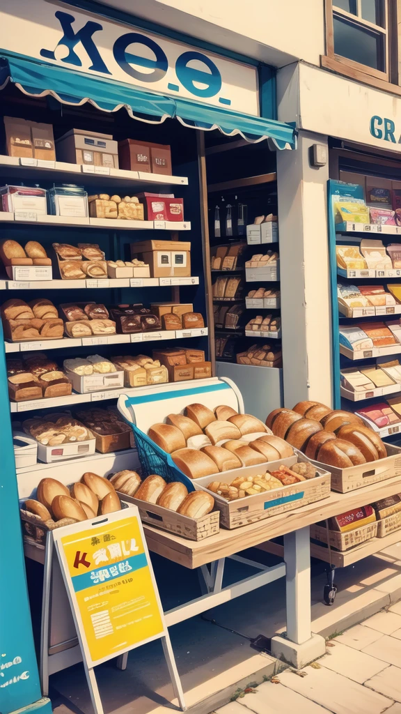 In front of the shop, bread, glasses of milk, various snacks on the table. 