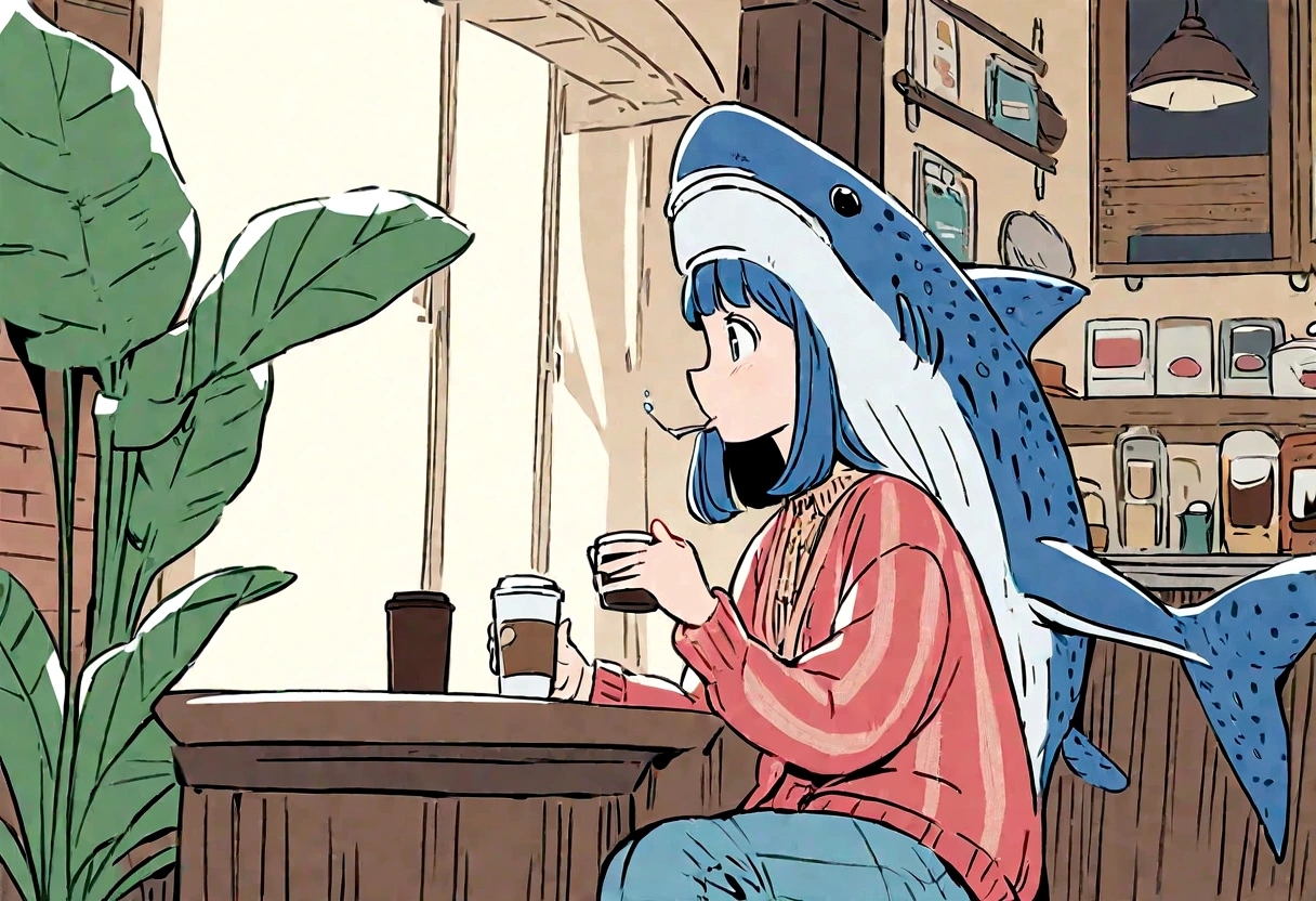 Whale shark drinking coffee at a cafe、Ghibli style、cute、high resolution