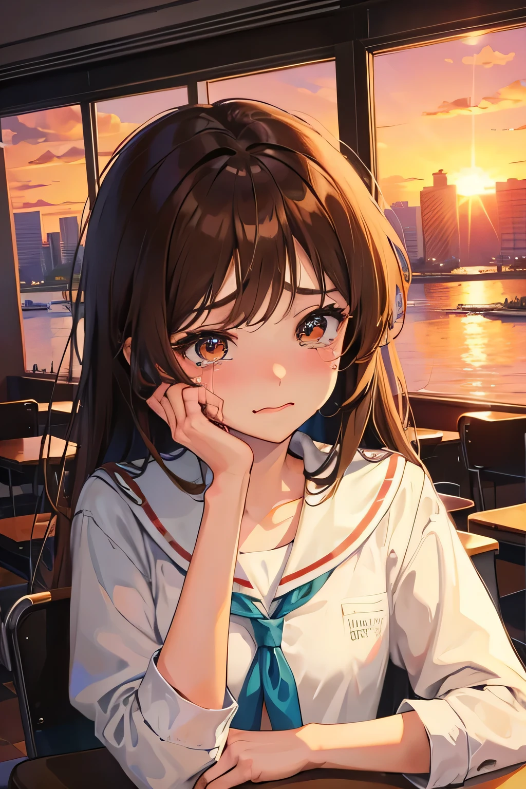 anime girl, crying, classroom, sad face, brown hair, , sunset, Anime,