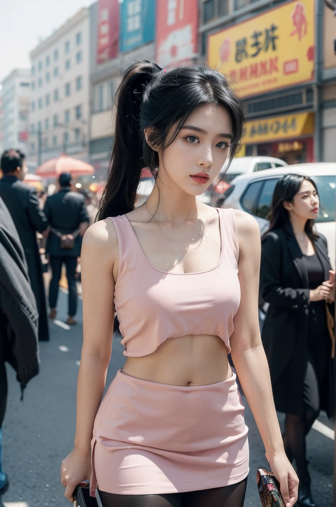(((best quality))),(((ultra detailed))),(((masterpiece))),illustration,1girl,slim,sun-kissed skin,vibrant rose-pink cotton dress,short ponytail,flat chest,navel,pantyhose,standing, bustling city streets, honking cars,surrounded by crowded crowds, colorful advertisements,grilled skewers,enjoying sights and sounds,(dark black skin:1.5),day scene,upper body
