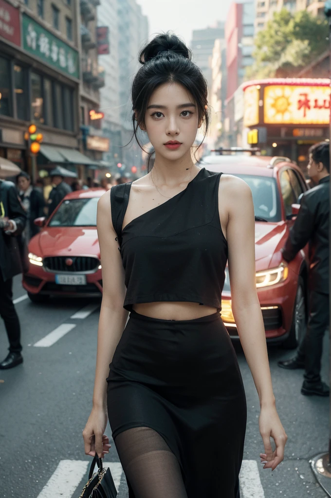 (((best quality))),(((ultra detailed))),(((masterpiece))),illustration,1girl,slim,sun-kissed skin,vibrant rose-pink cotton dress,short ponytail,flat chest,navel,pantyhose,standing, bustling city streets, honking cars,surrounded by crowded crowds, colorful advertisements,grilled skewers,enjoying sights and sounds,(dark black skin:1.5),day scene,upper body