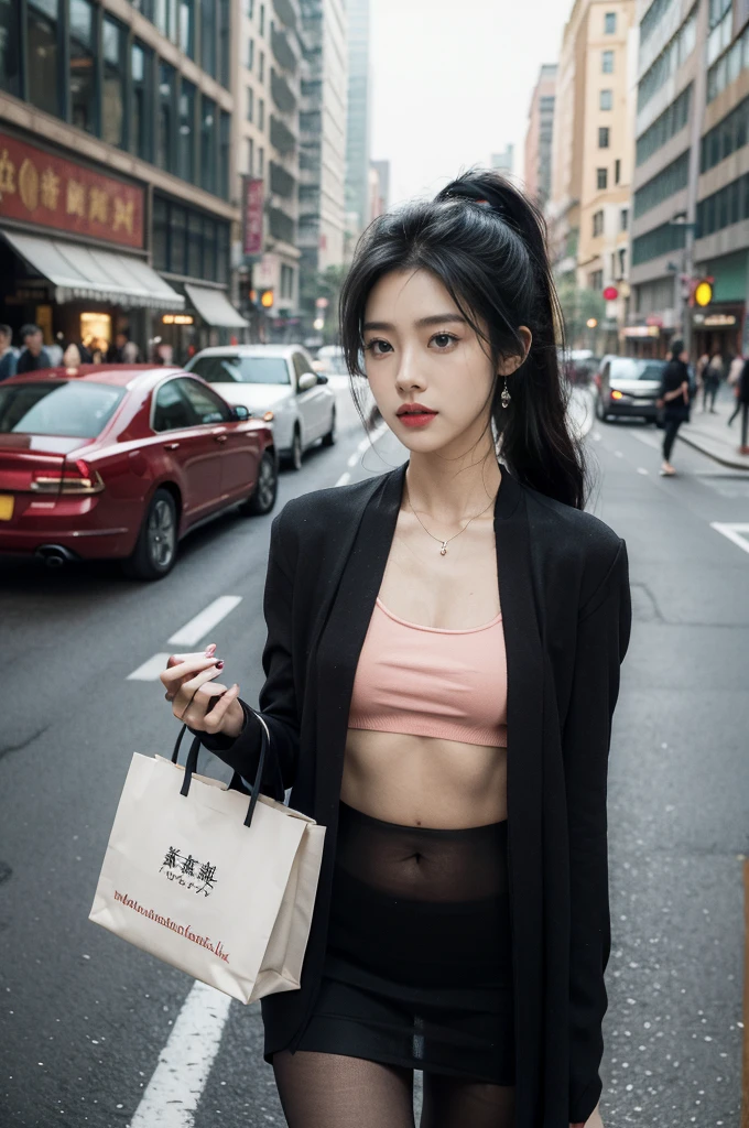 (((best quality))),(((ultra detailed))),(((masterpiece))),illustration,1girl,slim,sun-kissed skin,vibrant rose-pink cotton dress,short ponytail,flat chest,navel,pantyhose,standing, bustling city streets, honking cars,surrounded by crowded crowds, colorful advertisements,grilled skewers,enjoying sights and sounds,(dark black skin:1.5),day scene,upper body