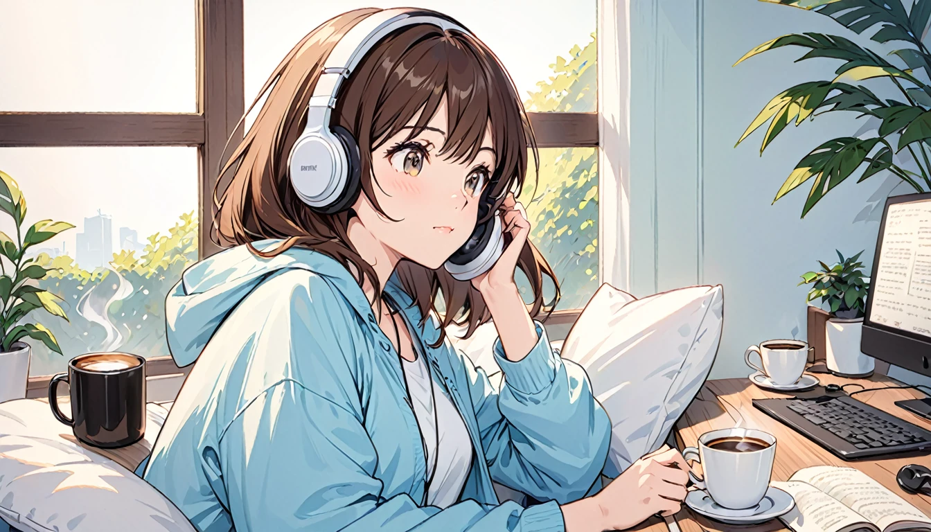 Girl wearing headphones,Drinking coffee from a mug while listening to jazz music,Brown Hair,relax