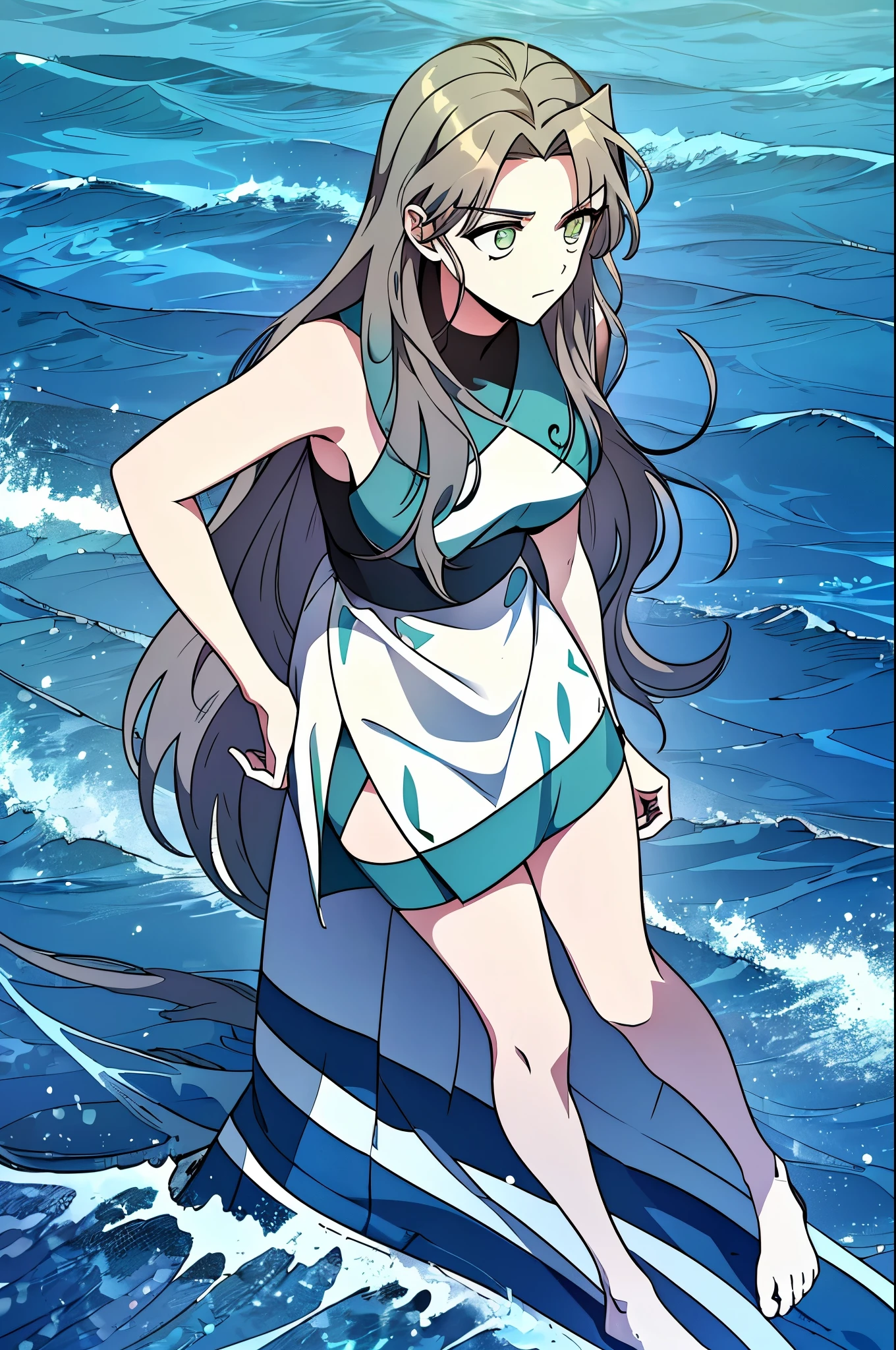 ((((High-resolution detailed face, detailed eyes:0.9))), 1girl, serious, standing, (standing on rocks, ocean background:0.9), blue eyes, long hair, wavy hair, ((wavy hair with seaweed:0.7)), green skin, ((defined facial features:0.9)), (segmented body), (detailed fingers), (ocean-blue clothing), ((wavy seaweed around arms), (seaweed wrapped around legs), (ocean-blue sea life:0.9))), looking down, ((focused gaze)), ((hands resting on hips)), full-body shot, outdoor, ocean, sea life, ocean waves, ripples:0.9, 25 years old, (wistful expression), (((oceanic surroundings))),