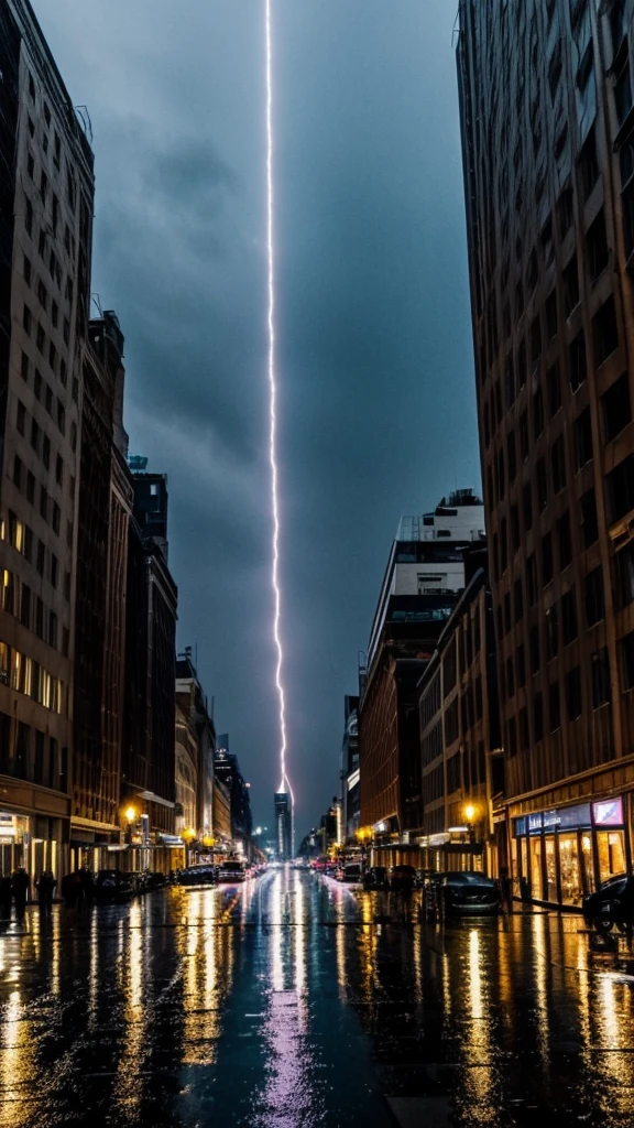 Rain falling on the city at night