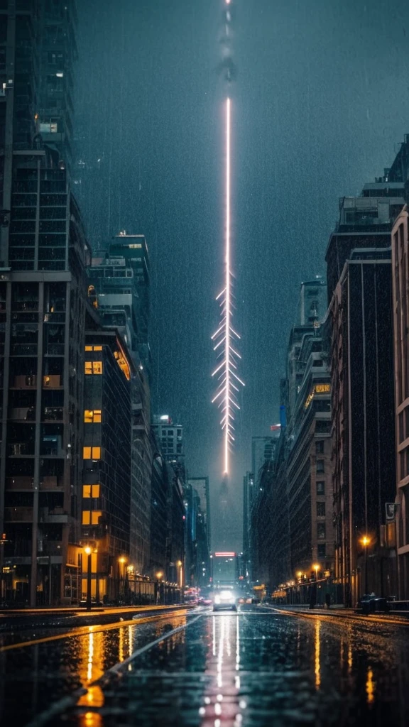 Rain falling on the city at night