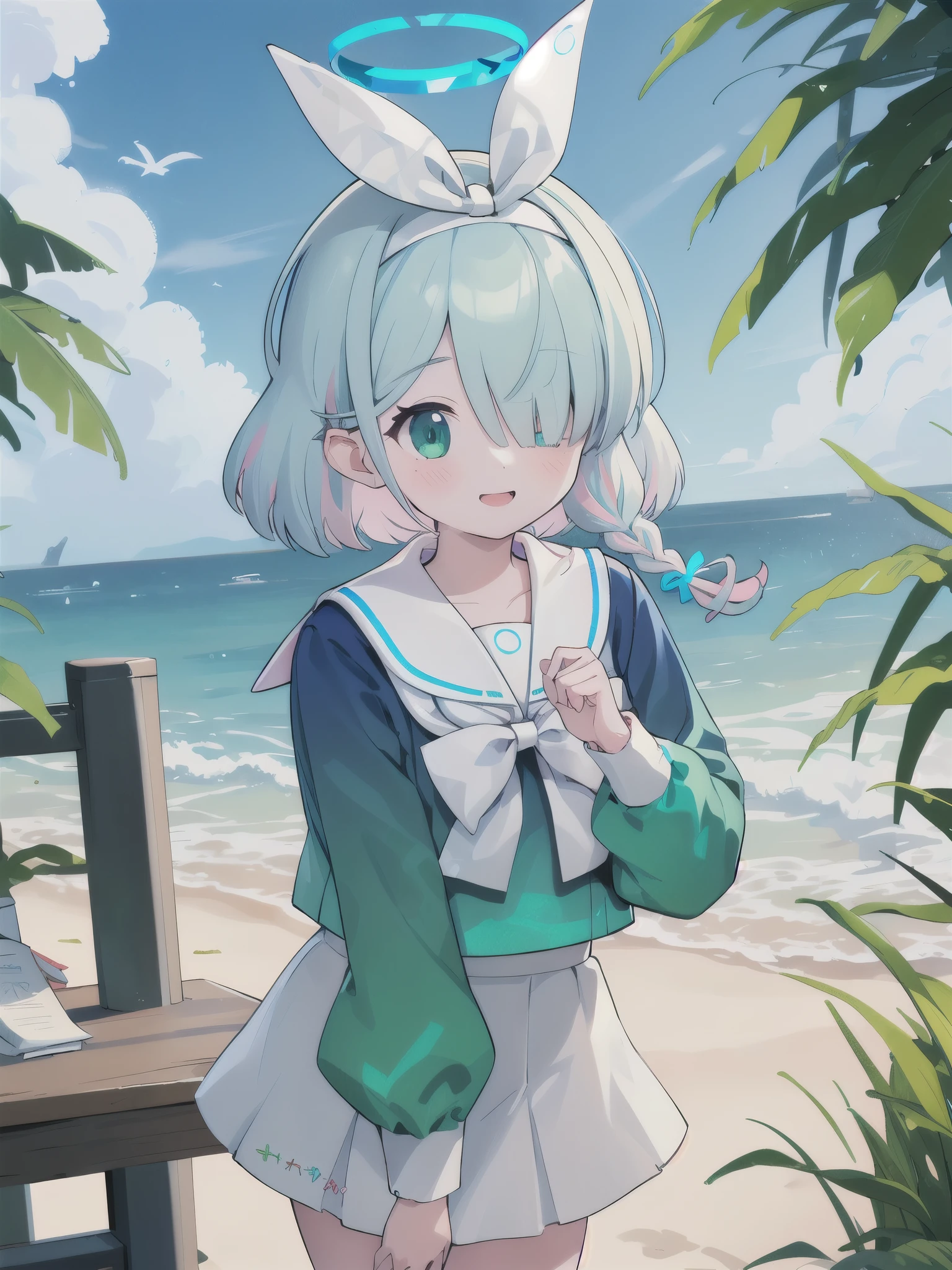 Best of Masterpiece_Quality Alona 1 Girl White_Hairband bow_Short halo headband_hair single_Blade Arona_(green_archive) solo green_eyes green_Hair braids smile multicolor_hair ocean bow Sailor_Collar Beach White_Sailor_collar outdoors cloud sky shirt bangs green_shirt school_Uniform Pink_Hair Headband Long_Sleeves are white_skirt open_Monologue_Bow White_Headband skirt_枫图-枫图方å¼_post