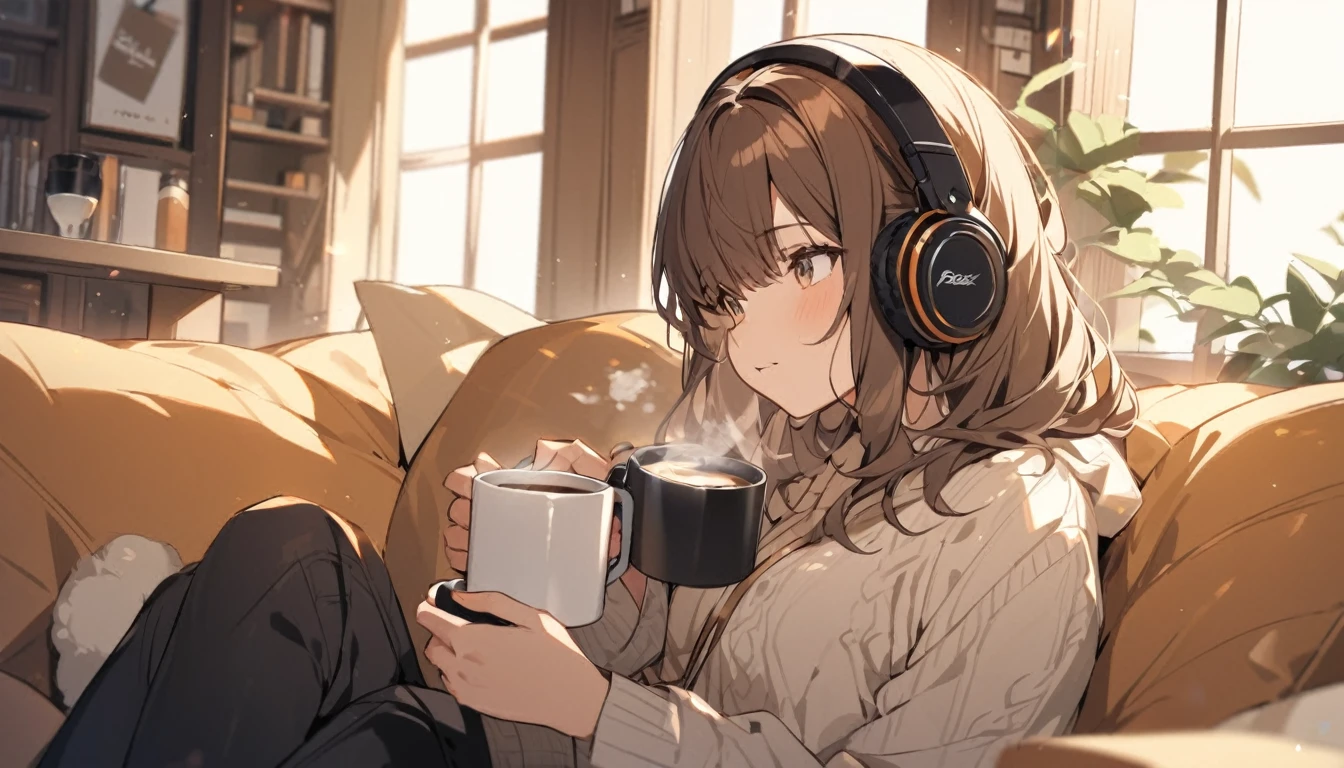 Girl wearing headphones,Drinking coffee from a mug while listening to jazz music,Brown Hair,relax
