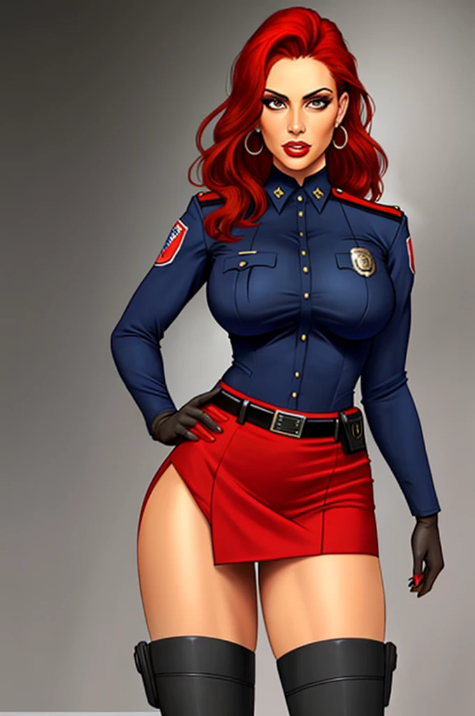 Busty cop, sexy uniform. realistic, red hair, short skirt