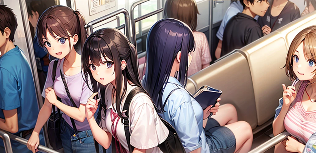crowded train、high school girl、Summer clothes