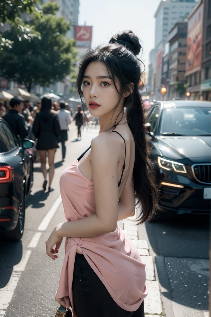 (((best quality))),(((ultra detailed))),(((masterpiece))),illustration,1girl,slim,sun-kissed skin,strapless vibrant rose-pink bra,short ponytail,flat chest,standing, bustling city streets, honking cars,surrounded by crowded crowds, colorful advertisements,grilled skewers,enjoying sights and sounds,(dark black skin:1.5),day scene,close-up of face