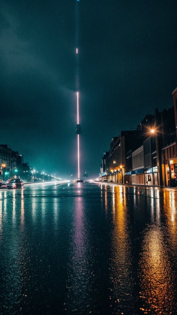 Rain falling on the city at night