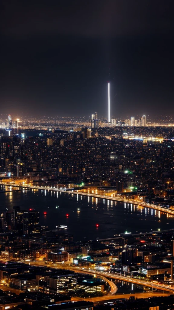 Rain falling on the city at night