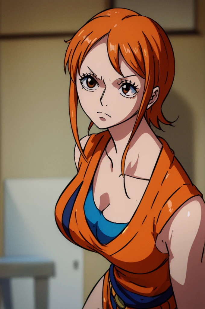 Nami on her knees with cum all over her face