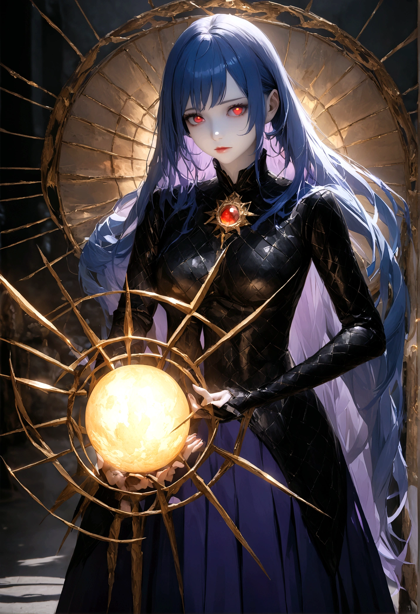 (woman\(Magical girl, Purple long skirt, Long flowing blue hair, Red pupils, Pale skin, Indifferent face,Cold eyes,Magic elements gathered in hand,The magic element forms a vortex that surrounds),night,Blood Moon,quality\(8K,Extremely detailed CG unit wallpaper, masterpiece,high resolution,top-quality,top-quality real texture skin,Surrealism,提high resolution,original photo,Best quality,Very detailed,light,Ray Tracing,Golden Ratio\)