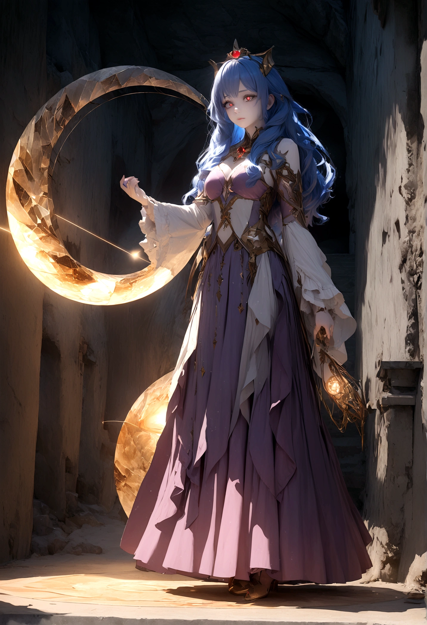 (woman\(Magical girl, Purple long skirt, Long flowing blue hair, Red pupils, Pale skin, Indifferent face,Cold eyes，Magic elements gathered in hand，The magic element forms a vortex that surrounds),night，Blood Moon,quality\(8K,Extremely detailed CG unit wallpaper, masterpiece,high resolution,top-quality,top-quality real texture skin,Surrealism,提high resolution,original photo,Best quality,Very detailed,light,Ray Tracing,Golden Ratio\)