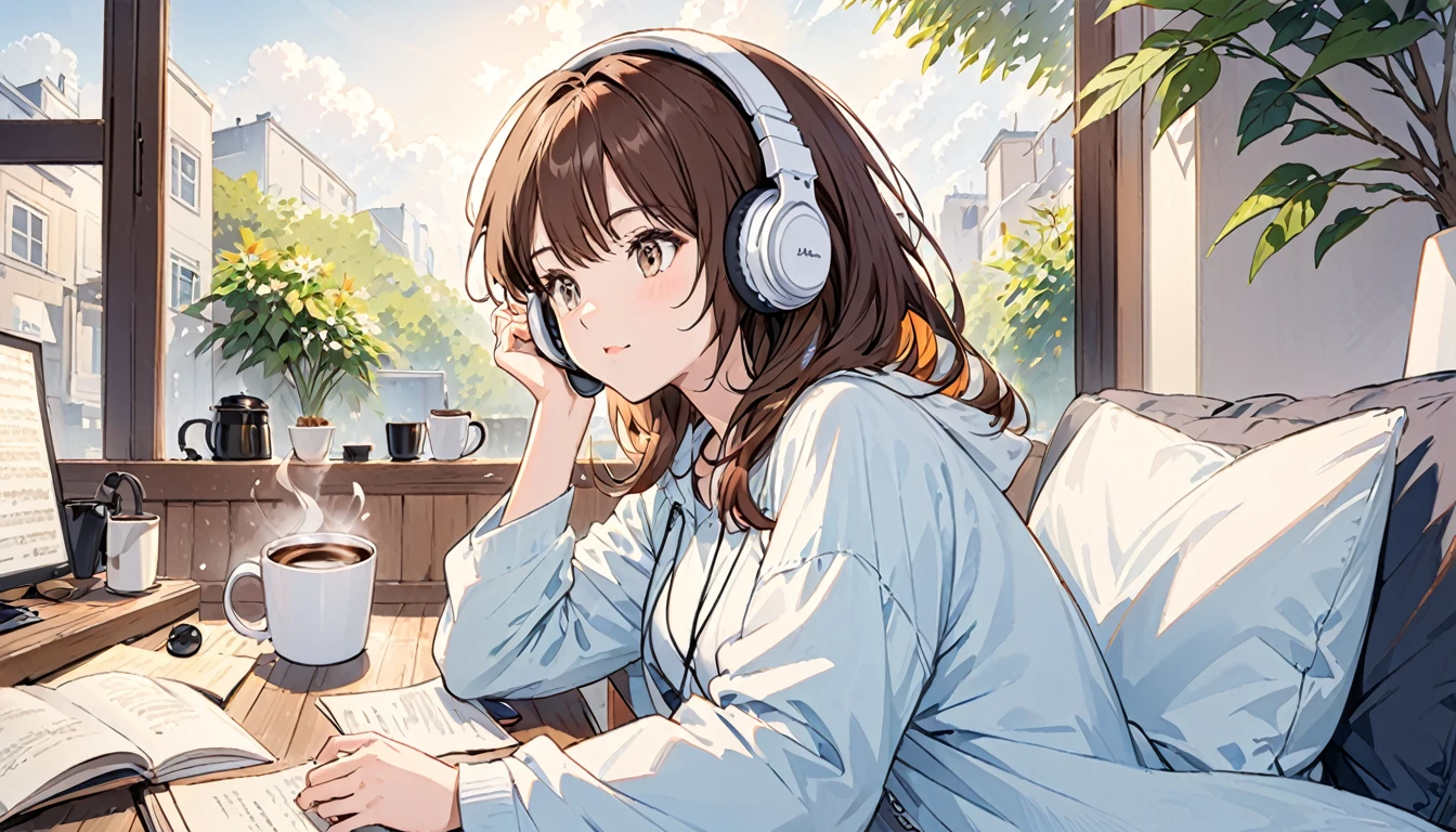 Girl wearing headphones,Drinking coffee from a mug while listening to jazz music,Brown Hair,relax