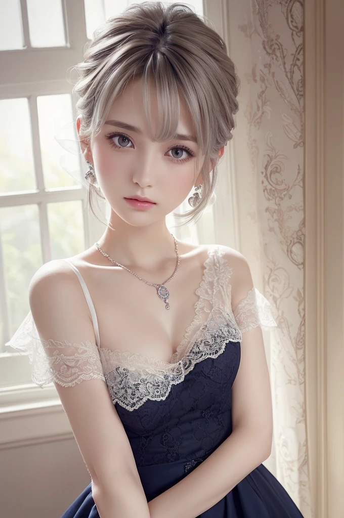 navy lace thong&Good, (((Very elegant and beautiful, Perfect detail, Super detailed))), whole body, The most detailed girl, Depth of written boundary, 美しく詳細なwhole body, Thin legs, 1 girl, 30 years old, Very short hair, Spiked Hair, Gray and silver hair, Beautiful detailed hair, Perfect Face, Expressionless, Beautifully detailed deep eyes, Open your mouth a little, Delicate arms and hands, Pale skin, Earrings, Beautiful and gorgeous necklace, Colorful background, HD background, Blurred Background, Very delicate and beautiful, Masterpiece, (((Highest quality, Very beautiful 8K CG wallpaper))), (((Trendy hairstyles))), (Inside the room,Stylish interior,window),