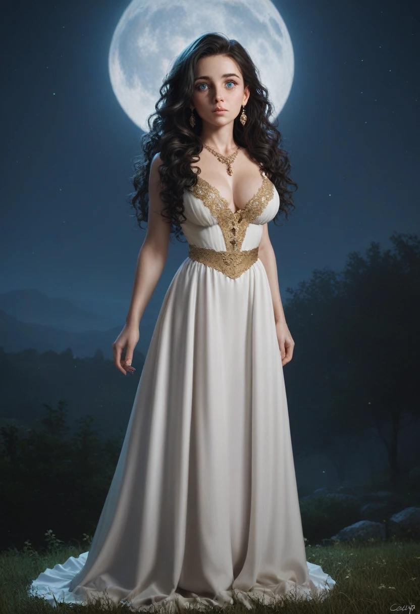 score_9, score_8_up, score_7_up, score_6_up, rating: safe, 1girl, solo, (black_hair:1.5), wavy_hair, jewelry, dress, blue_eyes, earrings, (long_hair:1.5), looking_at_viewer, curly_hair, full_body, lips, lace, white_dress, gold_dress, (ht:1.3), cxqz8r, medieval_dress, medieval_landscape, fullmoon, rpg, (rapce:1.3), narrow_waist, (skinny:1.3), (pale_skin:1.4), (food_awe:1.5), (large_breasts