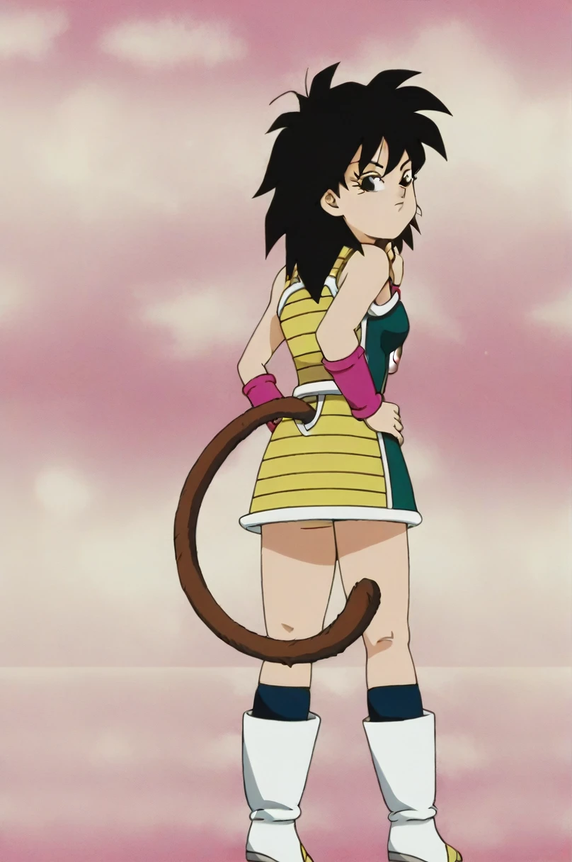 source_anime, score_9,score_8_up, score_7_up, ginedb, anime screencap,
Obra maestra, mejor calidad, alta calidad,1girl, solo, looking at viewer, blush, cityscape, black hair, brown eyes, looking back, from behind, black eyes, hand on hip, frown, pink wristband, green skirt, monkey tail, saiyan armor, hand on shoulder, medium hair, green saiyan armor, eyelashes, eyebrows, butt crack, bare shoulders, spiked hair, fingernails, Cuerpo sexy, culo sexy