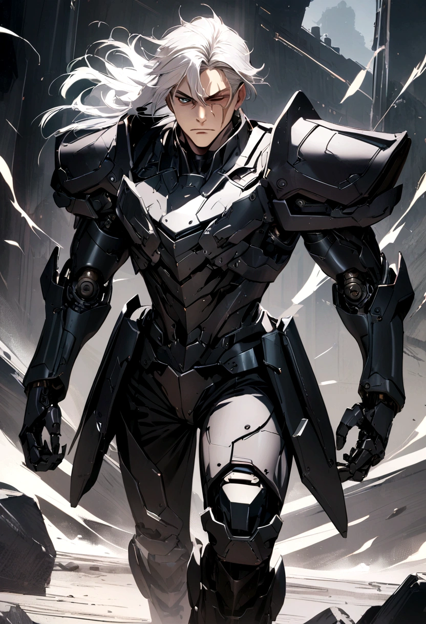 Boy with long messy white hair, futuristic black military armor, booties, serious face, scar on eye and nose, robotic arm, 