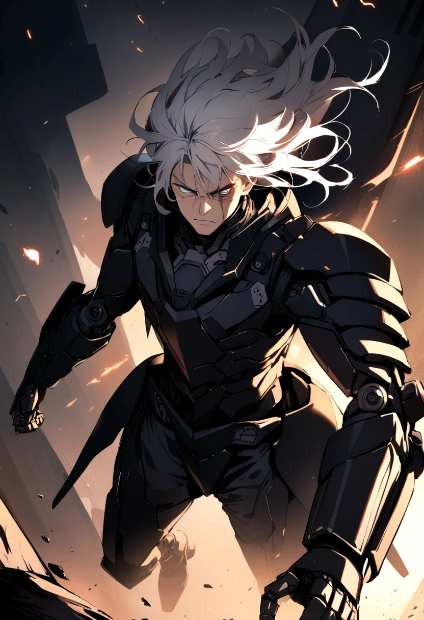 Boy with long messy white hair, futuristic black military armor, booties, serious face, scar on eye and nose, robotic arm,