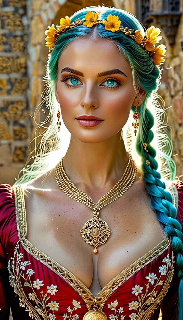 Generate a (hyperdetailed, realistic, Full Body), photo of Nia, (((turquoise color eyes))), (((long, silky, straight, Ombre blend of shimmering silver and celestial blue hair))), (((Position Nia with her long, silky hair styled in an elegant, low bun with sections of hair intricately braided and pinned back, adorned with small, delicate flowers woven into the braids))), (fair skin:1.4), (((Massive round natural breasts with deep cleavage))), (Massive round natural Breasts:1.8), (Greek and Russian mix ethnicity), (hourglass figure, perfect body, NSFW, perfect anatomy, masterpiece, best quality).(((She is wearing a flowing, floor-length Golden color medieval-style dress in rich Crimson Red jewel tones, the soft fabric complementing her curves. The dress features lace-up details, long sleeves, and intricate embroidery))) Nia walks through the castle courtyard, her dress trailing behind her on the cobblestone path. She glances over her shoulder with a serene smile, her braided and flower-adorned hair cascading down her back. The sun casts a warm, golden glow, highlighting the ancient stone walls and blooming garden. She wears a gold necklace with delicate round gold locket, its surface adorned with the symbol of an OWL. She is wearing a flowing, floor-length Golden color medieval-style dress in rich Crimson Red jewel tones. 8k, (Fit, Athletic, Tall), (Massive Breasts), (Highly detailed facial and skin texture), (Best quality, ultra detailed, Golden ratio, Masterpiece:1.2), (Theatrical lighting:0.7, Perfect rare face), (Highly detailed skin), skin texture, Pale skin, shiny skin, (thin, large size:1.2), [:(Sharp focus on rare face, perfect eyes:1.2):0.2], hyperdetailed photography, UHD, realistic skin texture, shot with Canon EOS 5D Mark IV and Canon EF 50mm f/1.4 USM lens, highly detailed.
