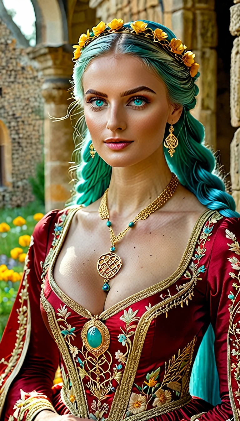 Generate a (hyperdetailed, realistic, Full Body), photo of Nia, (((turquoise color eyes))), (((long, silky, straight, Ombre blend of shimmering silver and celestial blue hair))), (((Position Nia with her long, silky hair styled in an elegant, low bun with sections of hair intricately braided and pinned back, adorned with small, delicate flowers woven into the braids))), (fair skin:1.4), (((Massive round natural breasts with deep cleavage))), (Massive round natural Breasts:1.8), (Greek and Russian mix ethnicity), (hourglass figure, perfect body, NSFW, perfect anatomy, masterpiece, best quality).(((She is wearing a flowing, floor-length Golden color medieval-style dress in rich Crimson Red jewel tones, the soft fabric complementing her curves. The dress features lace-up details, long sleeves, and intricate embroidery))) Nia walks through the castle courtyard, her dress trailing behind her on the cobblestone path. She glances over her shoulder with a serene smile, her braided and flower-adorned hair cascading down her back. The sun casts a warm, golden glow, highlighting the ancient stone walls and blooming garden. She wears a gold necklace with delicate round gold locket, its surface adorned with the symbol of an OWL. She is wearing a flowing, floor-length Golden color medieval-style dress in rich Crimson Red jewel tones. 8k, (Fit, Athletic, Tall), (Massive Breasts), (Highly detailed facial and skin texture), (Best quality, ultra detailed, Golden ratio, Masterpiece:1.2), (Theatrical lighting:0.7, Perfect rare face), (Highly detailed skin), skin texture, Pale skin, shiny skin, (thin, large size:1.2), [:(Sharp focus on rare face, perfect eyes:1.2):0.2], hyperdetailed photography, UHD, realistic skin texture, shot with Canon EOS 5D Mark IV and Canon EF 50mm f/1.4 USM lens, highly detailed.
