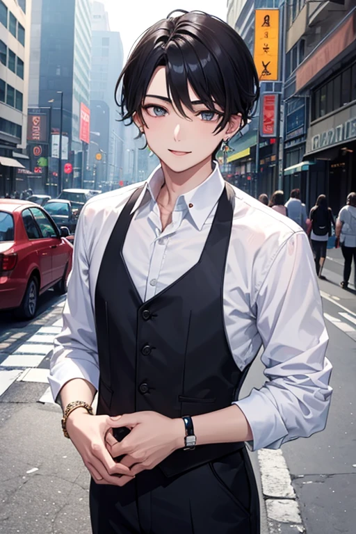 high quality,One boy, Selfie,Selfie,In the midst of the bustling streets,View Viewer, Black Hair,Center Parting,Korean cool guy,White shirt,Black skinny pants,smile, Close your mouth,alone,Natural pose,bracelet,He resembles the idol Cha Eun-woo,Korean Style,Korean,かっこいいKorean,handsome,Earrings,Depth of written boundary