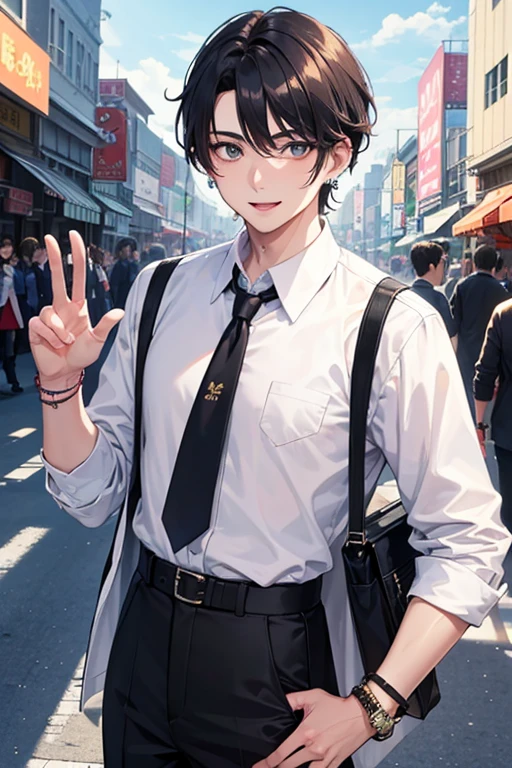 high quality,One boy, Selfie,Selfie,In the midst of the bustling streets,View Viewer, Black Hair,Center Parting,Korean cool guy,White shirt,Black skinny pants,smile, Close your mouth,alone,Natural pose,bracelet,He resembles the idol Cha Eun-woo,Korean Style,Korean,かっこいいKorean,handsome,Earrings,Depth of written boundary