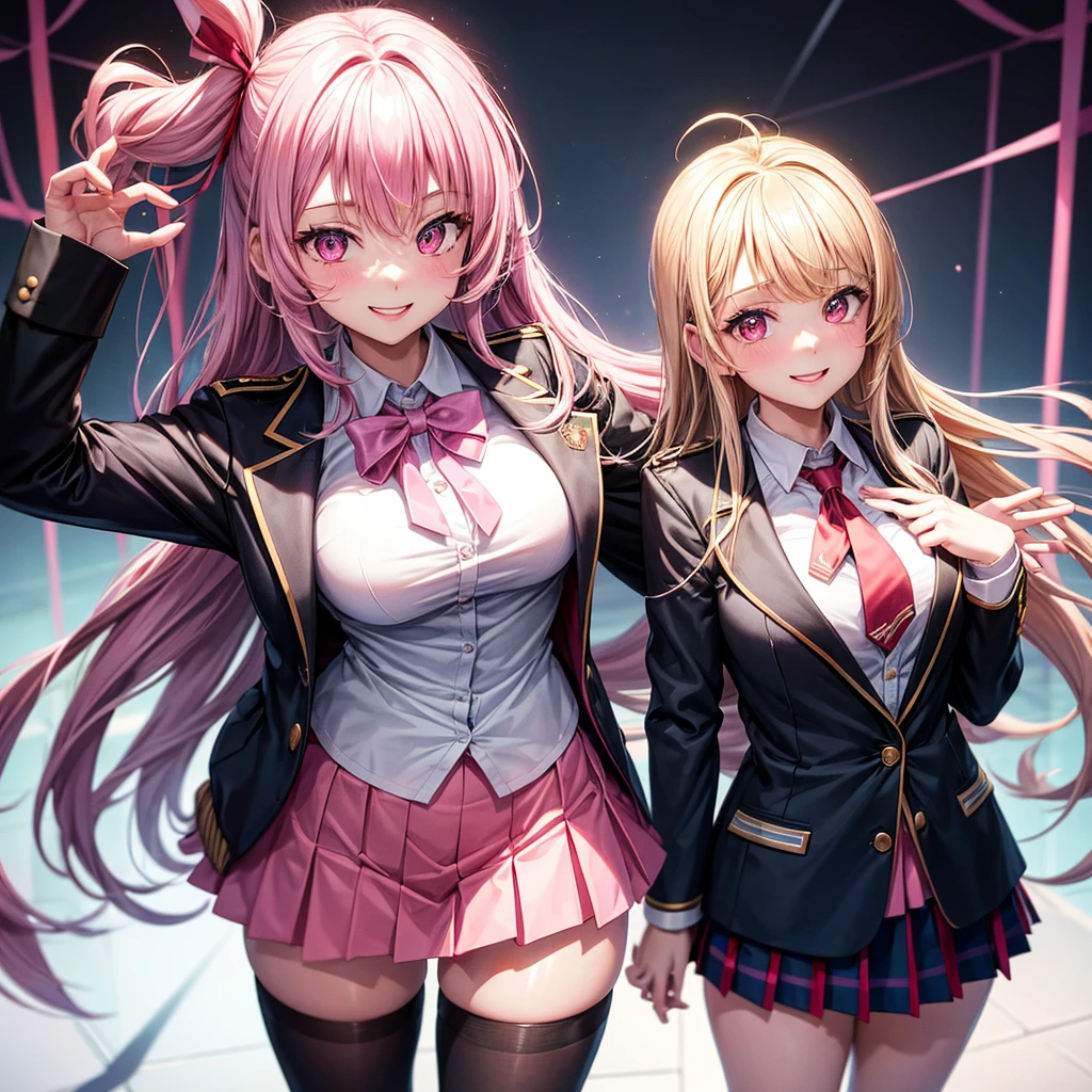 best quality，8K，smile，blazer，ribbon on uniform，mini skirt，high school girl，multiple girls are depicted，Harem，idol group，photo shoot，long hair，wearing a cardigan，highest quality，big breasts，happy girl,horny girl，pink eyes，perfect face，standing position，I have my hands in my pockets，letting down one&#39;s bangs，beautiful eyes,gym,girls hugging each other,smooth hair，multicolored hair colors，naughty girl，beautiful girl，beautiful girl，loose socks