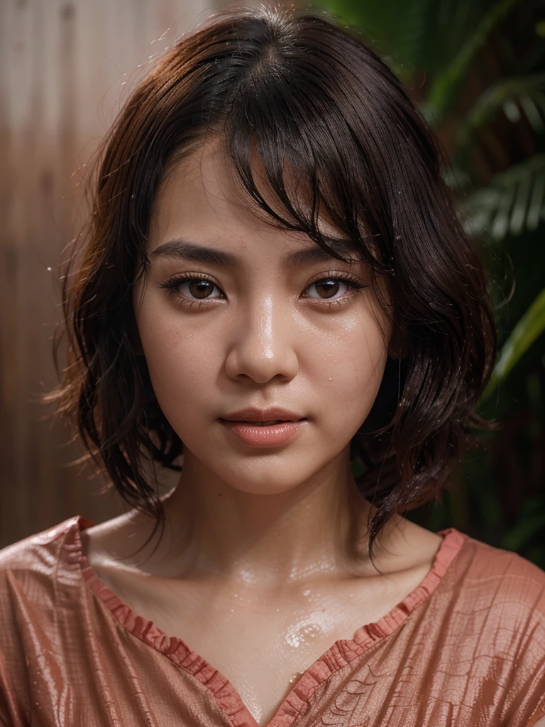 stunning front portrait photo of chinese woman head, curly bob hair, looking directly to the camera, dark brown eyes, face covered by water, capturing the intricate details, ultra realistic, significant colors salmon pink beige coral red, brightly lit, dark background, rain, wet face, tropical dense forest--ar 3:4 --stylize 350 --v 6