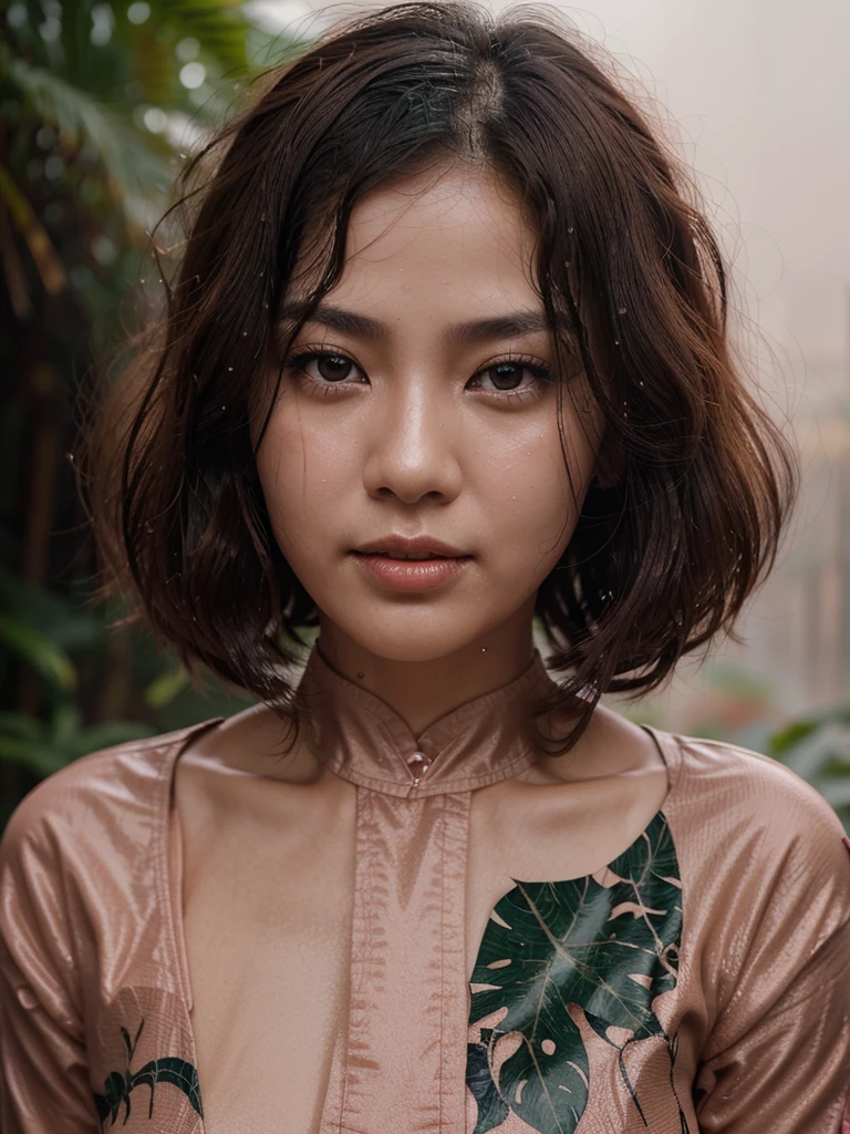 stunning front portrait photo of chinese woman head, curly bob hair, looking directly to the camera, dark brown eyes, face covered by water, capturing the intricate details, ultra realistic, significant colors salmon pink beige coral red, brightly lit, dark background, rain, wet face, tropical dense forest--ar 3:4 --stylize 350 --v 6