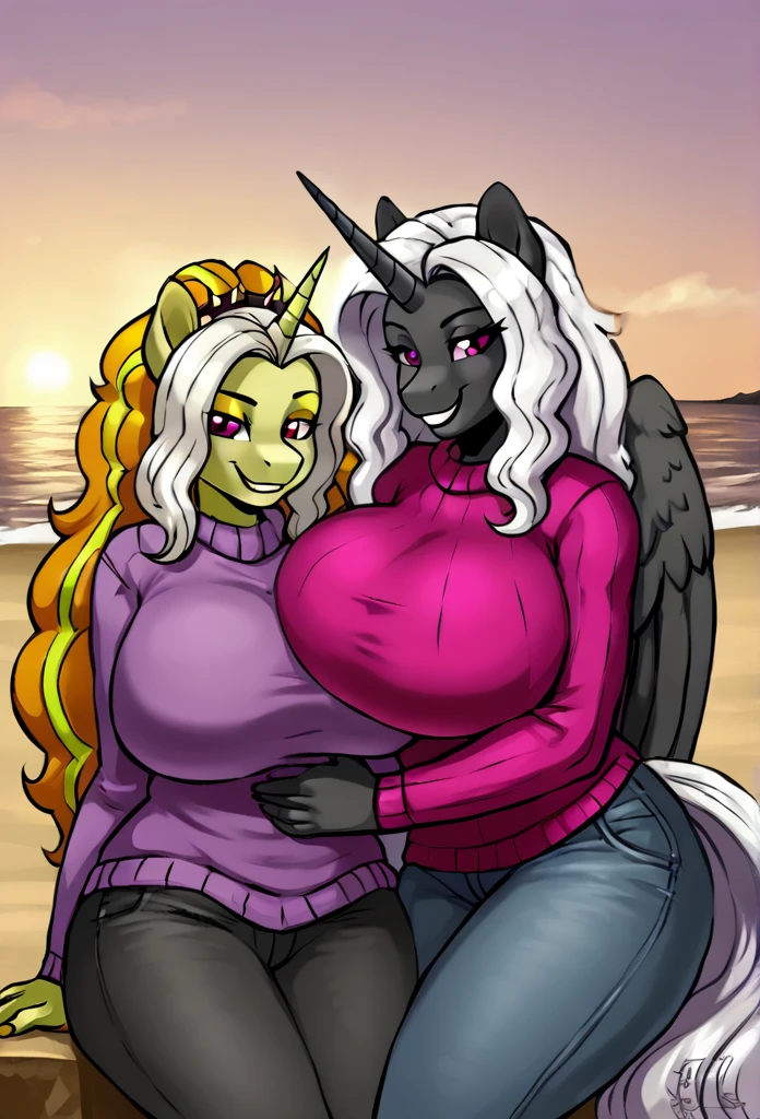 Alicorn princess female and Adagio Dazzle , white mane, ,black body color long flowing mane pink eyes anthro huge breasts smiling ,clothing ,jeans sweater lesbians sexy beach,cuddling together ,making out